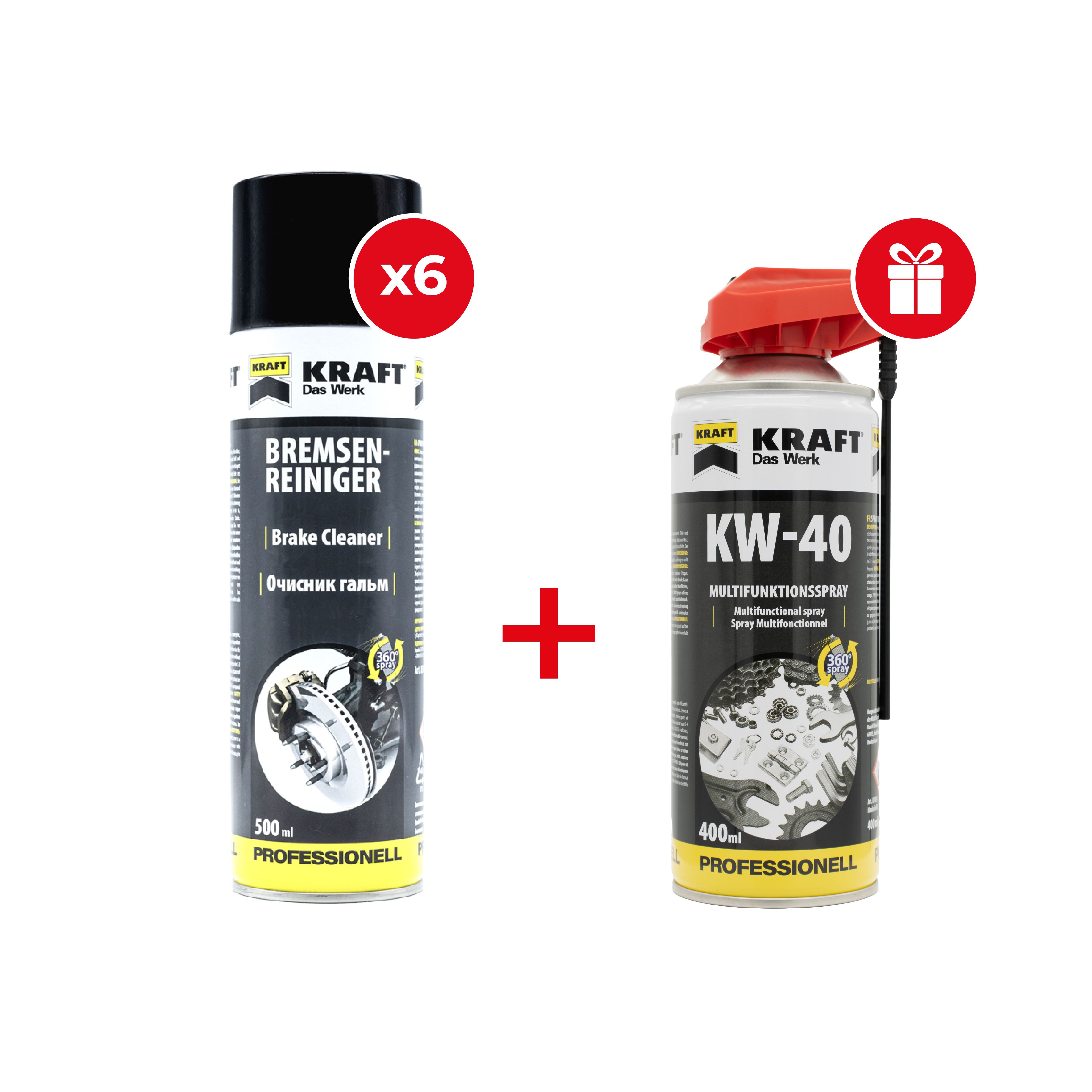 Набір Очисник гальм KRAFT аерозоль 500 мл 6 шт + подарунок Мастило багатофункціональне KRAFT KW-40 EU аерозоль з розпилю