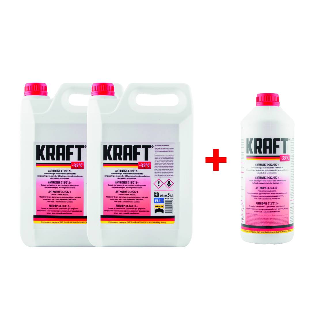 Антифриз готовий -35 °C KRAFT G12/G12+ червоний 5л KF110 2шт + подарунок Антифриз готовий -35 °C KRAFT G12/G12+ червоний 1,5л KF109 1шт