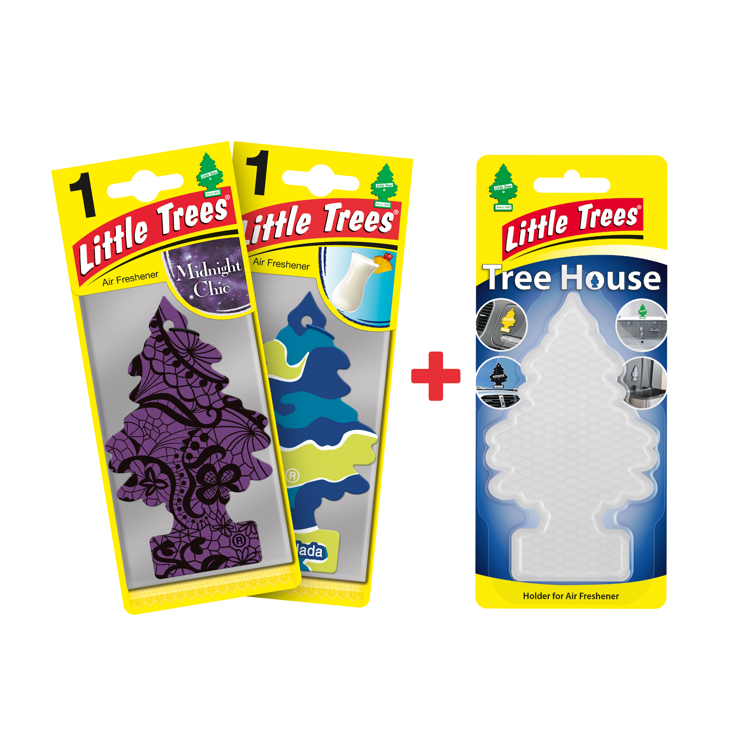 Набір ароматизаторів Little Trees Автоледі (Піна Колада, Нічний Шик, тримач TREE HOUSE прозорий)