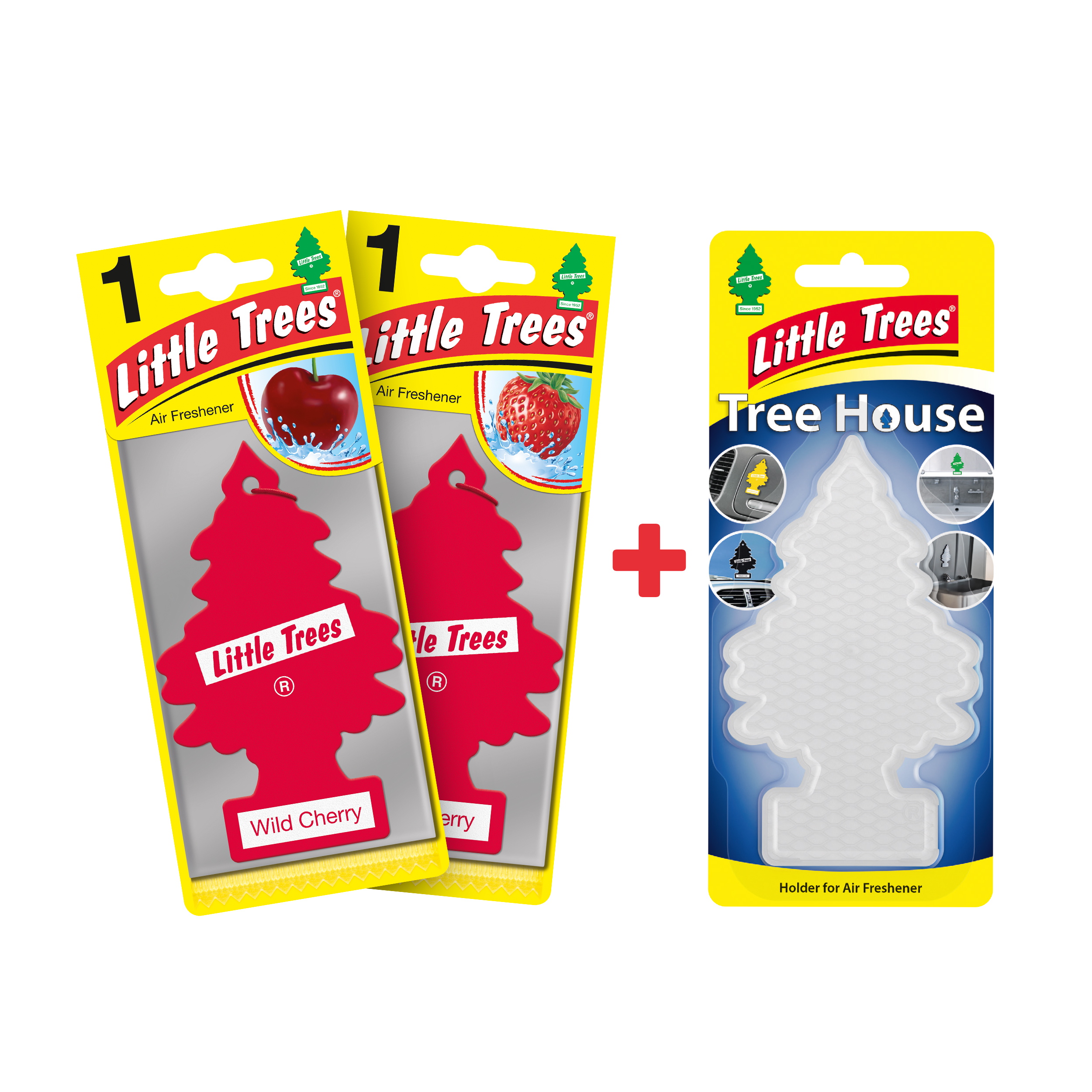 Набір ароматизаторів Little Trees Вітамін (Полуниця, Вишня, тримач TREE HOUSE прозорий)